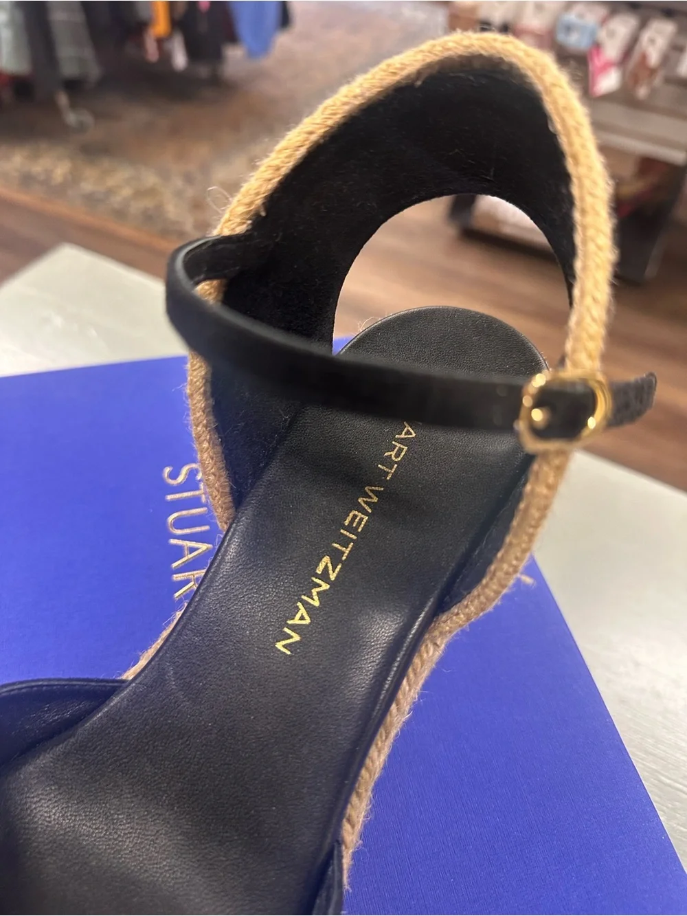 Stuart Weitzman Dayna Suede Espadrille Wedges black leather and jute size 10.5